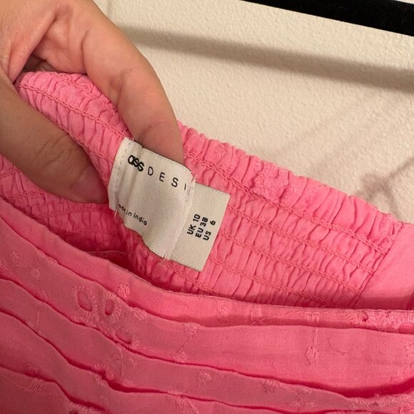 ASOS DESIGN Broderie Cotton Pleat-Bust Babydoll Mini Sundress – US 6 (Pink) - Picture 4 of 4